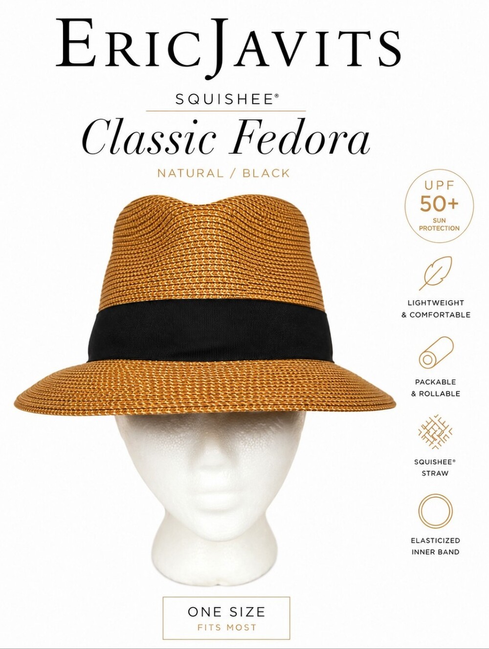 Eric Javits Squishee® Classic Fedora Hat – Natural/Black | UPF 50+ Packable Luxu - Picture 16 of 16